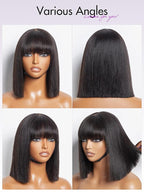 LUVME HAIR 10 Inch Light Yaki Straight Bob Wig with Bangs Human Hair Realistic HD Lace Short Black Bob Wigs, Ready to Go Blunt Cut Bob Wig Glueless 180 Density