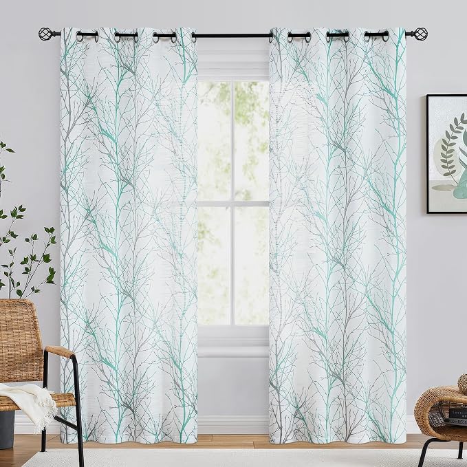 FMFUNCTEX Linen Aqua Blue White Semi Sheer Print Curtains 84 Inch 2 Panels | - Image 2