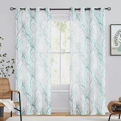 FMFUNCTEX Linen Aqua Blue White Semi Sheer Print Curtains 84 Inch 2 Panels | - Image 2