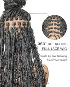 Human Hair Boho Curls Hand-Tied HD Full Lace Wig - 36" Salon-Level Small Box Synthetic Braids (100 Braids, High Density) Pre-Cut Swiss HD Lace, Pre-Plucked, Knotless, Tangle-Free - Black 1B