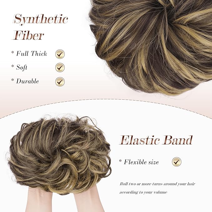 FESHFEN Messy Bun Hair Piece - Large Elastic Wavy Curly Hair Bun Scrunchies Ponytail Extensions Synthetic Chignon Hairpieces for Women, Dark Brown & Champagne Blonde 1.94oz