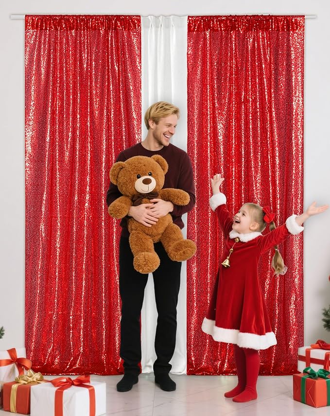 Eternal Beauty Red Sequin Backdrop Curtains, 2 Panels 3x7FT | 3mm Sparkle - Image 3