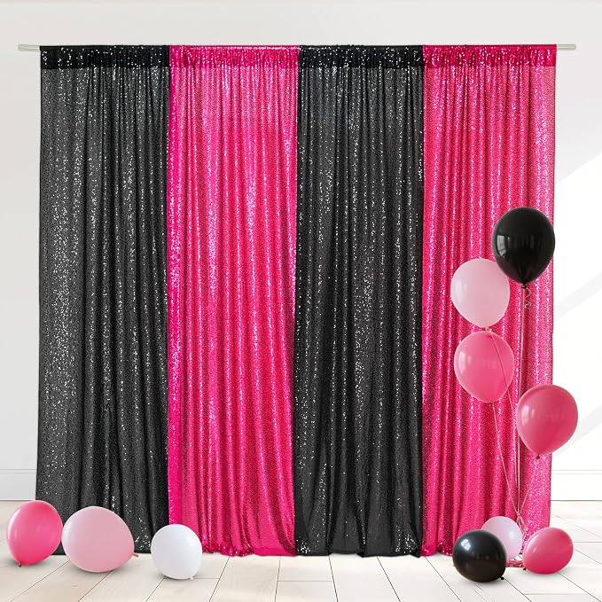 Eternal Beauty Black & Hot Pink Sequin Backdrop Curtains, 4 Panels 2x8FT | 3mm by EternalBeauty