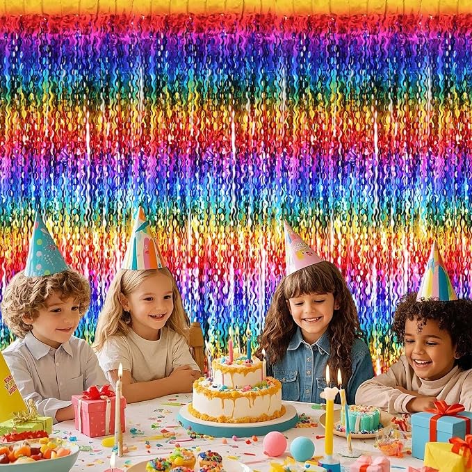 2 Pack Colorful Wavy Foil Fringe Curtain Backdrop, 3.3 X 6.6 Ft Rainbow Wavy - Image 4