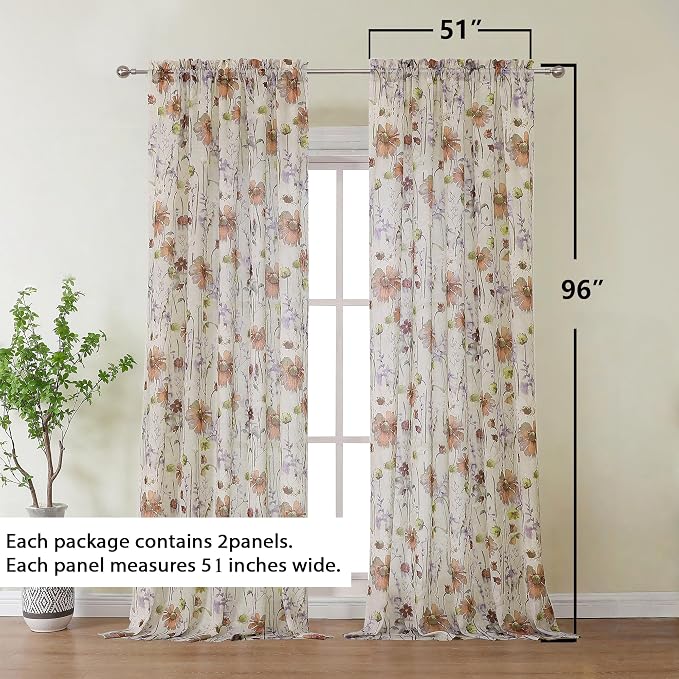 OWENIE Crushed Sheer Curtains 96 Inches Long 2 Panels Set, Sheer Floral - Image 3