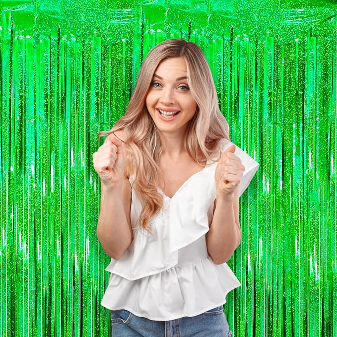 Voircoloria Laser Green Foil Fringe Backdrop Curtains, 2 Pack | Tinsel Streamers - Image 8