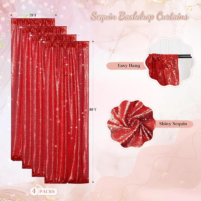 PartyDelight Red Sequin Backdrop Curtains 2x8ft 4 Panels | Sparkly 3mm sequins - Image 2