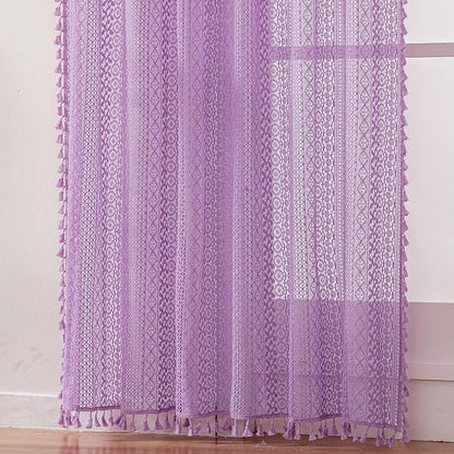WAZZIO Boho Lace Curtains 84 Inches 2 Panel, Light Filtering Privacy Tassel & - Image 5