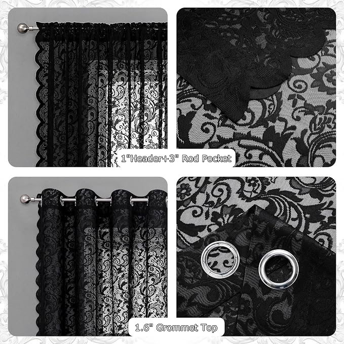 Bujasso Black Lace Sheer Curtains Vintage Floral Sheer Window Curtain Panels - Image 5