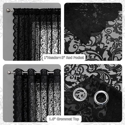 Bujasso Black Sheer Lace Curtains 54 inch Vintage Floral Short Curtain Panels - Image 7
