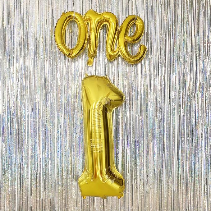 2Pcs Gold Foil 40" Number 1 and 26" Script Letter One Balloon Set | Large Gold - Image 5
