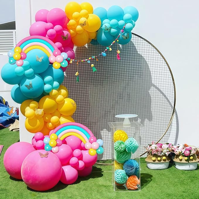 155 Pcs Summer Rainbow Balloons Arch Kit, Hot Pink Teal Blue and Yellow Neon - Image 4
