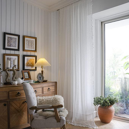 WAZZIO Boho Lace Curtains 84 Inches 2 Panel, Light Filtering Privacy Tassel & - Image 2