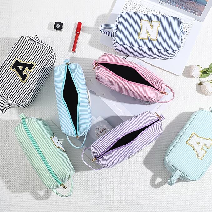 YOOLIFE Initial Makeup Bag for Women - Monogram Cute Blue Makeup Bags Cosmetic Toiletry Pouch Make Up Case for Women Her Best Friend Friendship Sister Teacher, Personalized Birthday Gifts for Women L