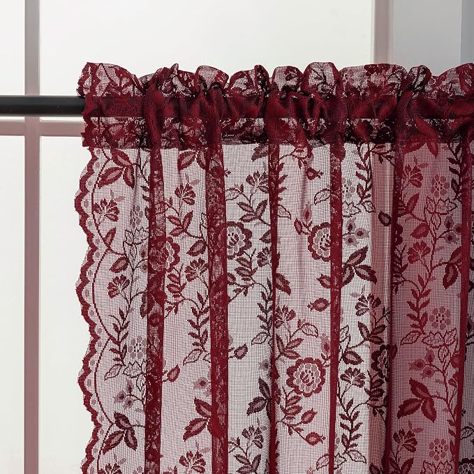 FINECITY Short Burgundy Sheer Curtains Leaf Floral W42 x L36 Inch, 2 Panels | - Image 3