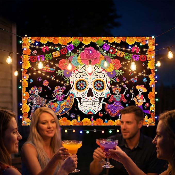 Day of The Dead Backdrop 59x39in Floral Sugar Skull Banner | Washable polyester - Image 6