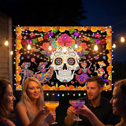 Day of The Dead Backdrop 59x39in Floral Sugar Skull Banner | Washable polyester - Image 6
