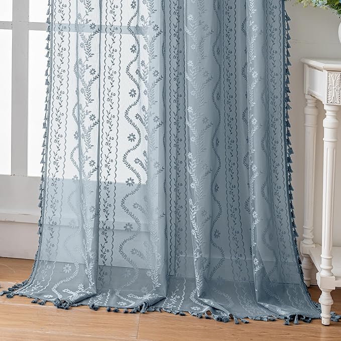WAZZIO Boho Lace Curtains 2 Panels 84 Inch -Victorian Sheer Panel Drape French by WAZZIO