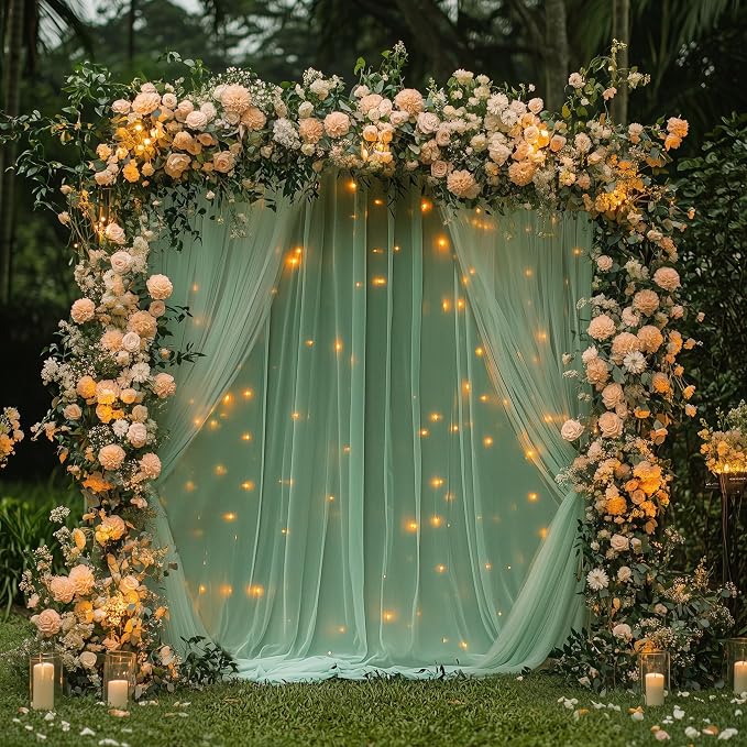 Tulle Backdrop Curtain with Lights Green Sheer Curtains Backdrop 10x10ft | - Image 5