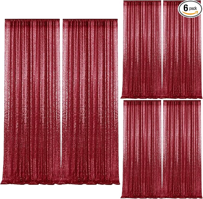 2×8FT-6PCS Burgundy Sequin Backdrop Curtains Panels, Photography Backdrop by Pufogu