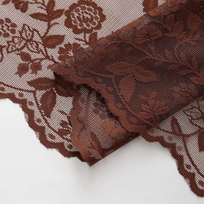 Chestnut Brown Lace Curtains Rustic Leaf Floral 42 x 84 Inch, 2 Panels | Rod - Image 7