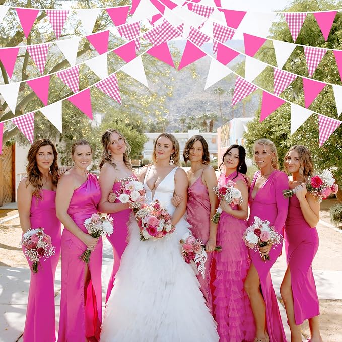 32Ft Hot Pink Party Decorations Pink Buffalo Plaid Checkered White Triangle - Image 6