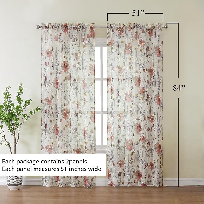 OWENIE Crushed Sheer Curtains 84 Inches Long 2 Panels Set, Sheer Floral - Image 2