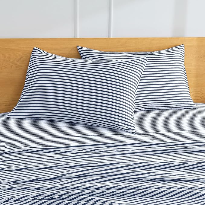 JELLYMONI 100% Natural Cotton Striped Queen Pillowcases Set, 2 Pack White and Dark Blue Stripes Pattern Printed Pillow Covers with Envelope Closure(Pillows are not Included)