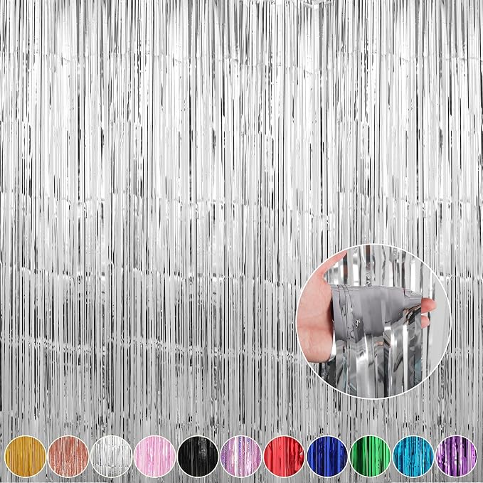 Crosize 4 Pack Sliver Party Streamers Backdrop, 3.3 x 9.9 ft | Tinsel Foil by Crosize