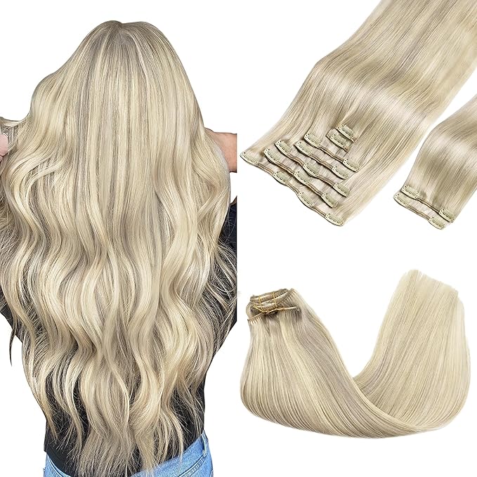 GOO GOO Clip in Hair Extensions Real Human Hair, Remy Human Hair Extensions Clip ins for Women, Natural Human Hair, 22inch 150g 9Pcs, 17A/60A Ash Blonde Highlighted Platinum Blonde