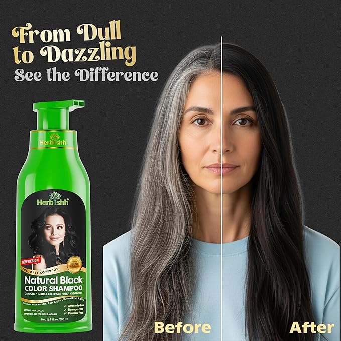 Herbishh Hair Color Shampoo for Gray Hair – Natural Hair Dye Shampoo – Colors Hair in Minutes – Lasts Up To 3-4 Weeks – 500ML – 3-In-1 Hair Color – Colors, Cleanses, and Conditions (Black)
