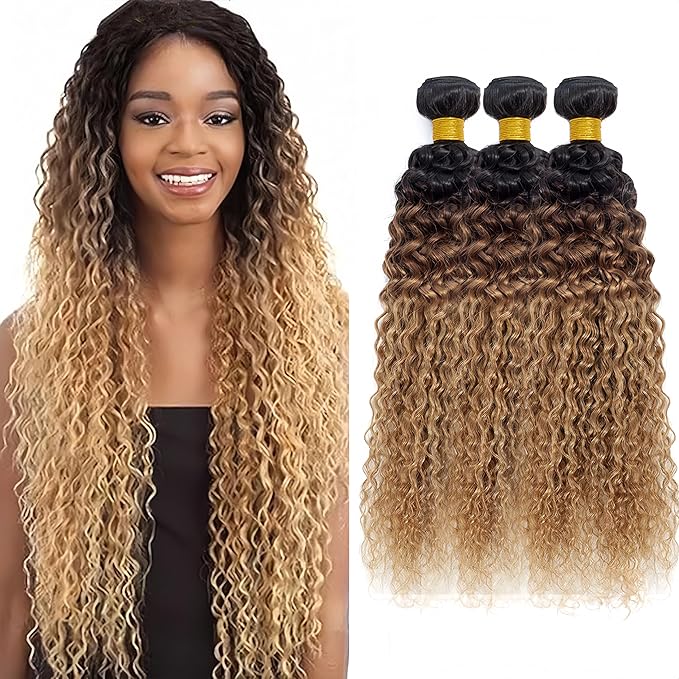 28 30 32 Inch Ombre Kinky Curly Bundles Human Hair Honey Blonde Bundles 3 Tone Black and Blonde Bundle Niegmeag Brazilian Virgin Soft and Silky Remy Hair Extensions