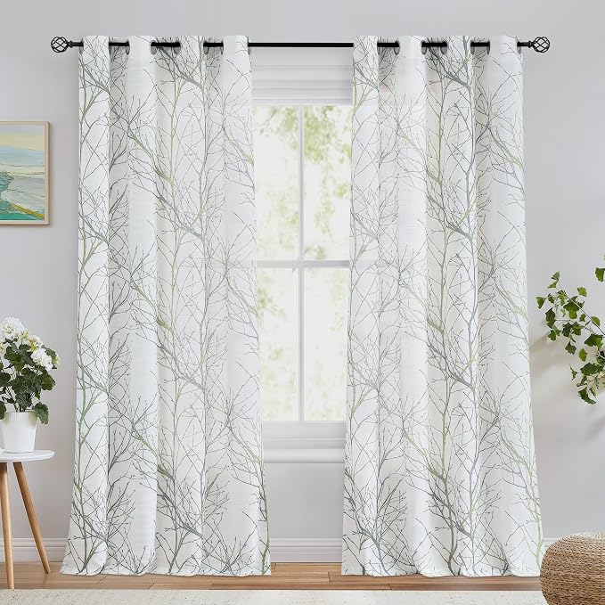 FMFUNCTEX Linen Sage Green White Semi Sheer Print Curtains 96 Inch 2 Panels | - Image 2
