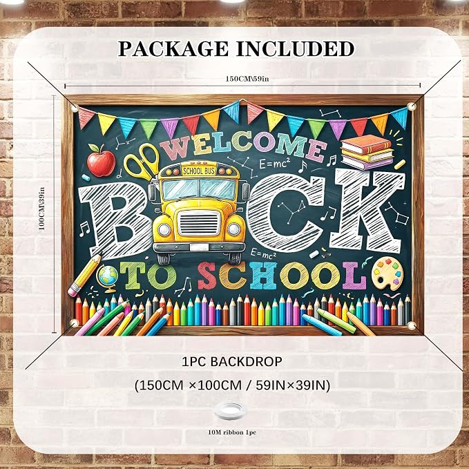 Welcome Back to School Backdrop 59x39in Chalkboard Party Background | Washable - Image 2