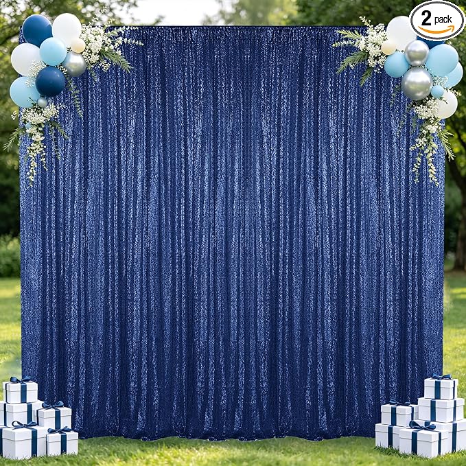 Hahuho Navy Sequin Backdrop Curtain, Party Decoration（2 Panels, 4FT x 8FT by Hahuho