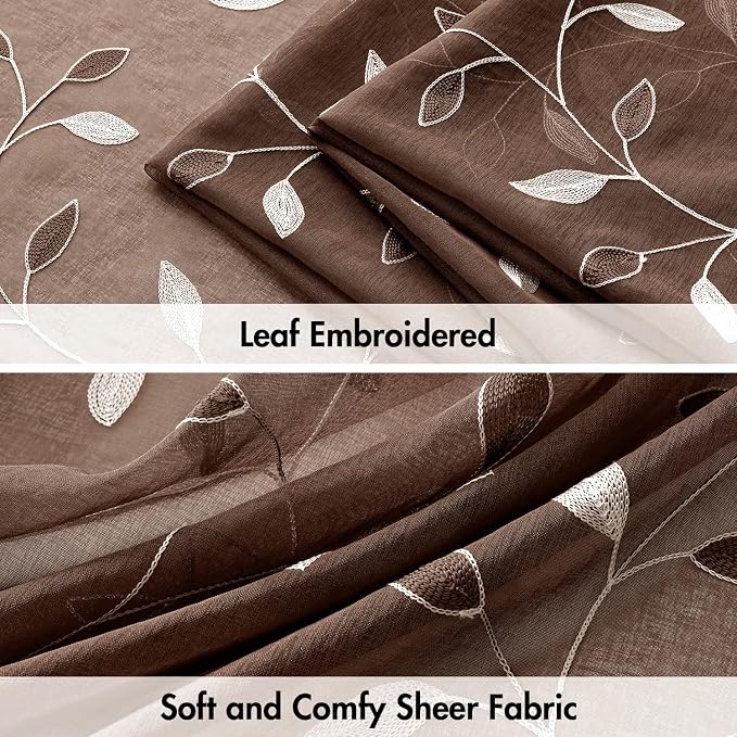 MIULEE Chocolate Brown Sheer Curtains 2 Panels Leaf Patterned, W52 x L84 | - Image 4