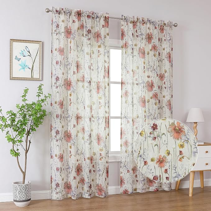 Crushed Sheer Curtains 84 Inch Length 2 Panels Set, Sheer Floral Curtains - Image 2
