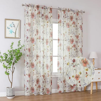 Crushed Sheer Curtains 84 Inch Length 2 Panels Set, Sheer Floral Curtains - Image 2
