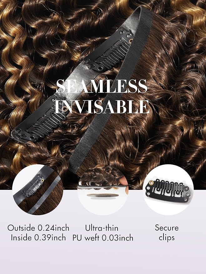 LUVME Kinky Curly Seamless Clip in Hair Extensions, 20 Inch 135g 7pcs #2/27 Hair Extensions Clip in Human Hair Invisible PU Skin Weft Natural Remy Human Hair