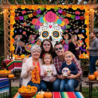 Day of The Dead Backdrop 59x39in Floral Sugar Skull Banner | Washable polyester - Image 7