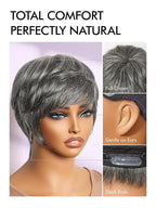 LUVME HAIR Ultra Comfort Salt & Pepper Gray Wigs Throw On & Go Short Pixie Cut with Bangs 5 Inches Skin Friendly Cotton Cap 100% Real Human Hair Glueless Wig Glueless Wig Hair Full Machine Made