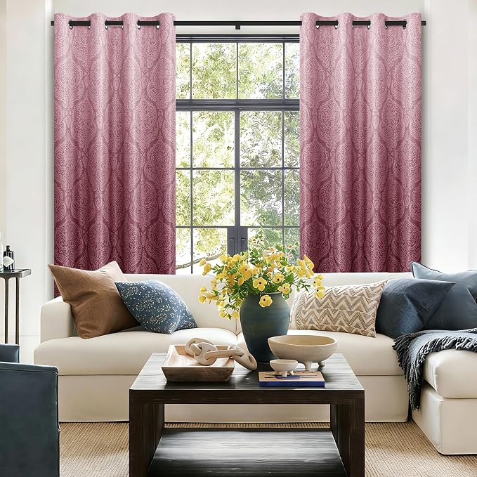 DWCN 100% Blackout Curtains for Bedroom 63 Inch Long-Damask Patterned Ombre - Image 3