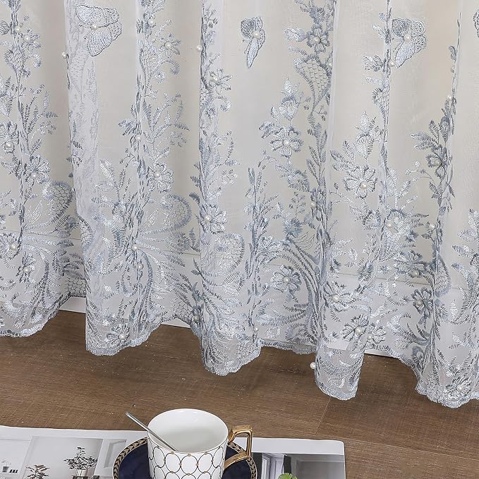 White Sheer Voile Curtains Blue Embossed Butterflies 54Wx72L Inch | Light - Image 4