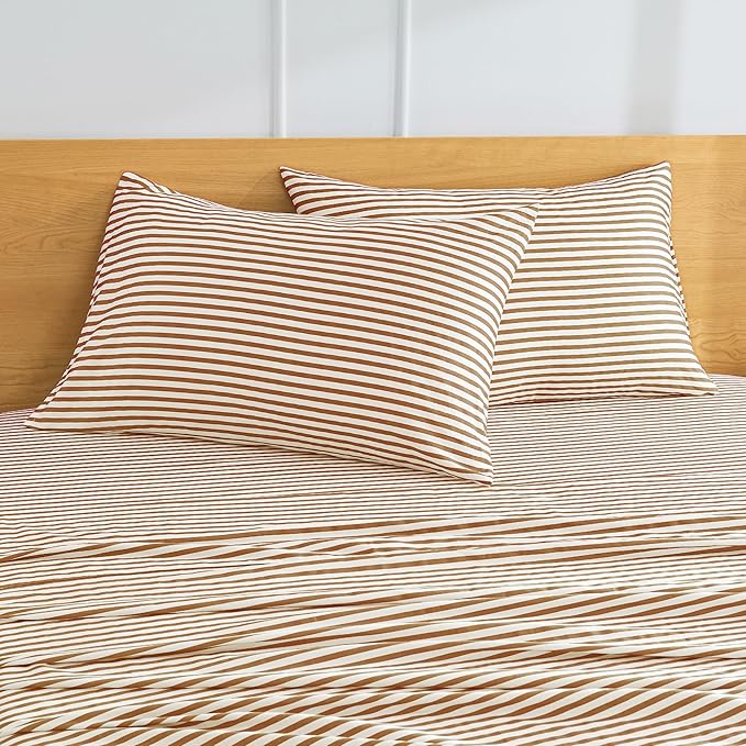 JELLYMONI 100% Natural Cotton Striped Queen Pillowcases Set, 2 Pack White and Rust Stripes Pattern Printed Pillow Covers with Envelope Closure(Pillows are not Included)