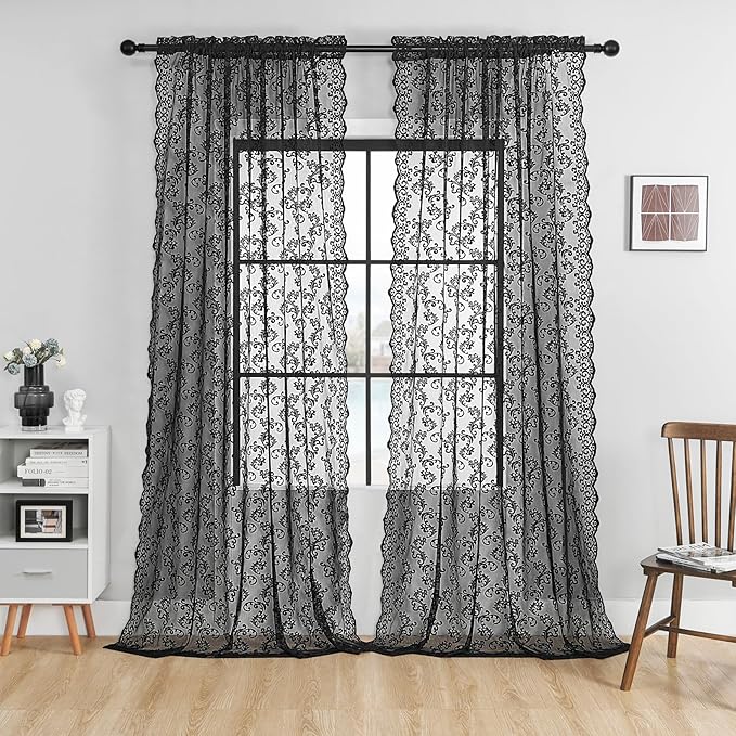 Black Lace Curtains 96 Inches Long 2 Panels Vintage French Floral Sheer by FOLKSIDEHomeDecoration