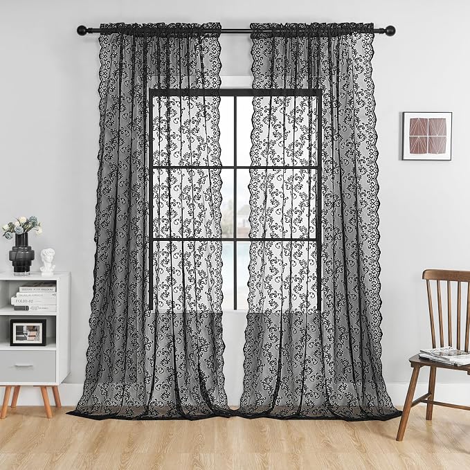 Black Lace Curtains 84 Inches Long 2 Panels Vintage Paisley Floral Sheer - Image 2
