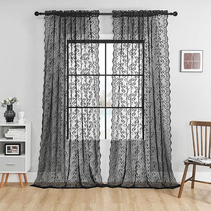 Black Lace Curtains 72 Inches Long 2 Panels Modern Vintage Paisley Floral Sheer - Image 2