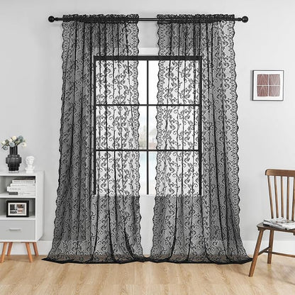 Black Lace Curtains 63 Inch Length 2 Panels set Gothic Paisley Sheer Curtains - Image 2