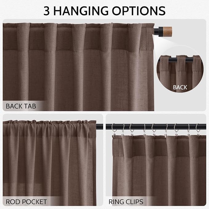 Cappuccino Linen Blend Light Filtering Back Tab Curtains 102 Inches Long - Image 3