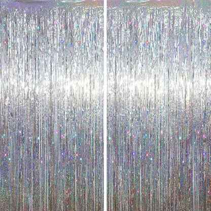 Voircoloria Laser Silver Foil Fringe Backdrop Curtains, 2 Pack | Tinsel by Voircoloria